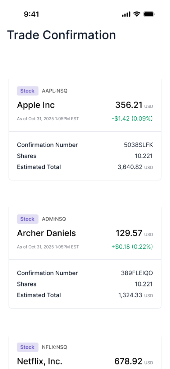 Trade confirmation: three orders placed